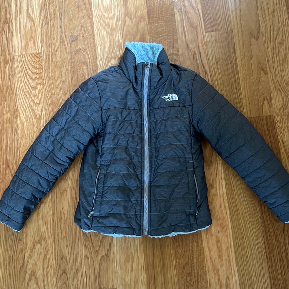 Girls North Face gray and blue reversible winter jacket